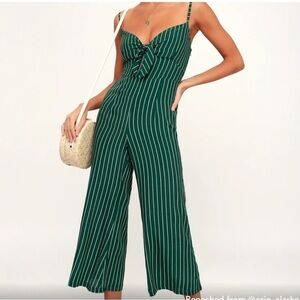 Faithfull The Brand Presley Green Striped Tie-Front Wide Leg Jumpsuit Size 2